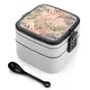 Dinnerware Palm Leaves In Pink Double Layer Bento Box Portable Container PP Material Tropical Forest