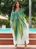 Boho w rozmiarze Plus Women Odzież Zielona roślina drukowana Kaftans Beach Wear Dr Slit Sarg Autumn Bathing Suit Up Q1588 44TQ#