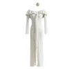 Casual Dresses Woman Off-shoulder Long Sleeves Knit Maxi Dress Women White Flower Choker Side Slit Pretty & Elegant Flowy Ruffle One-piece
