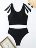 Damenbadebekleidung Sexy Bikini 2024 Frauen Black Tie Up Strap Push gepolsterte hohe Taille Badeanzug Strand rückenfreier Badeanzug Zweiteiler