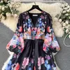 Grundläggande casual klänningar vårhelg FLOWER LINEN MAXI DRESS ELEGANT V-NECK Elastic midja Long Lantern Sleeve Prom Robe Clothes Party Vestidos 2024