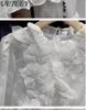 Damenblusen im französischen Stil, schwere Industrie-Perlen, Blumen-Stehkragen, Hemd, Frühling, Herbst, schick, elegantes Top, kurze weiße Bluse