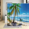 Douchegordijnen Kust Natuur Landschap Badkamer Decor Zomer Strand Kokospalm Schip Gordijn Polyester Badkuip Met Haken