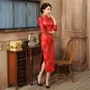 Kinesiska nyårskvinnor kläder LG Dr Red Chegsam Qipao Wedding Dr Pluss Size Woman Evening Silk Satin Drag Phoenix F2W1#
