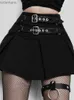 Spódnice skorty Houzhou harajuku gotycka mini spódnica kobiet w plisowanej talii A-line pasek czarny punk Kpop y2k stroje e girl streetwear 240330