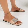 Slippers Women Rhinestone Flat 2024 New Summer Sqare Toe Casual Wome Shoes Indoor Outer Wear Square Buckle Beach Slides Sandals H240328HQEX