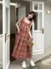 여자 잠자기 여름 여자 달콤한 빨간 격자 무늬 서스펜더 드레스 나이트 가운 홈 의류