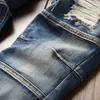 Jeans roxo masculino jeans de luxo designer jeans calças empilhadas motociclista bordado rasgado para tendência tamanho jeans homens lágrimas europeu jean hombre calças masculinas # 99