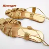 Casual Buty Złote Knit Flat Sandals Roman Round Stopa Hollow Out Cross Strappy Lace Up Women's Bohemian Summer Solid Party But