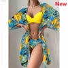 Kvinnors badkläder Bikini Set Women Three Pieces Swimsuit Cover Up 2024 New Push Twist Print Long Sleeve Biquini Beach Bathing Suit YQ240330