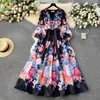 Grundläggande casual klänningar vårhelg FLOWER LINEN MAXI DRESS ELEGANT V-NECK Elastic midja Long Lantern Sleeve Prom Robe Clothes Party Vestidos 2024