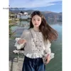 Frauen Blusen Koreanische Süße Dreidimensionale Blume Stickerei Revers Shirts Rüschen Patchwork Dünne Lange Hülse Crop Top Ästhetischen