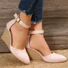 Dress Shoes Women's Summer Fashionable Style Baotou Solid Suede Pointed Slope Heel Thick Bottom Buckle Sandals Zapatos Mujer 2024 Tendencia