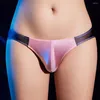 Sous-vêtements Sexy Hommes String Huile Brillante Grande Poche U Convexe G-string Lisse Glace Sous-Vêtements En Soie Mince Maille Transparente Culotte Érotique