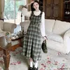 Abiti casual Camicia a due pezzi finta 2024 Primavera manica lunga Carino dolce Giappone Mori Girls Style Retro Vintage Plaid Abito in pizzo bianco