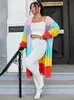 OneLink Rainbow Strip Color LG Sleeve Plus Size Women's Open Cardigan Knee Length Sweater Jacket Oversize Clothing Winter 2022 E7H7#