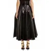 Jupes Mode taille haute plissée jupe longue femmes Vintage fermeture éclair dos évasé Midi brillant PVC cuir solide robe trapèze Streetwear