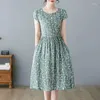 Casual Kleider Floral Plissee A Linie Langes Kleid Frauen Sommer Kurzarm Hohe Taille Chic Knielangen Rock Büro LadyVintage