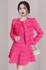 Abiti da lavoro Autunno Inverno Rosa Rosso Tweed Nappa Cappotto corto Abito per donne eleganti O Collo Senza maniche Canotta Mini abito di lana Set due pezzi