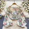 Blusas femininas Clothland Mulheres Elegantes Floral Chiffon Vestido V Neck Ruffles Lantern Sleeve Camisa Bonito Feminino Chique Tops Blusa Mujer LB075