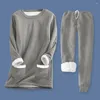 Damen-Nachtwäsche, schlichtes einfarbiges Outfit, gemütliches, mit Fleece gefüttertes Pyjama-Set mit Kordelzug an der Taille, langärmliger Pullover für Damen, warme Damen