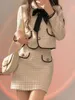 2ピースドレスUNXXエレガントバタフライボウタイベルトセット女性用-2024秋コレクション洗練された短いジャケットとAラインスカート