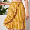 plus Size Elastic Waist Summer Elegant Floral Skirt Women Ruffle Trim Casual Midi Stripe Skirt Female Large Size Boho Skirt 7XL h15A#