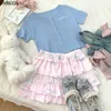 Saias Skorts Kawaii Rosa Lolita Estilo Mini Saia Dos Desenhos Animados Coelho Imprimir Lace Malha Patchwork Saia Curta Menina Cintura Elástica Y2K Roupas Estéticas 240330