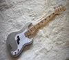 Guitare basse électrique argentée brillante personnalisée en usine avec incrustation de frettes en ormeauMatériel chroméPickguard perle blancheHaute qualité5974590