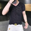 T-shirt en soie glacée pour hommes d'été à manches courtes évidé Transparent personnalité tendance beau demi-manches marque tendance mince haut social