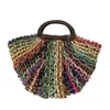 Zipper straw woven bag rainbow contrasting corn skin half round hand womens handbag 240328