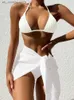 Women's Swimwear 2024 Sexy White Halter 3PCS Tied Skirt Bikini Set Women High Waist Cut Swimsuit Female Push UP Swimwear Backless Bathing Suit T240330