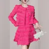 Abiti da lavoro Autunno Inverno Rosa Rosso Tweed Nappa Cappotto corto Abito per donne eleganti O Collo Senza maniche Canotta Mini abito di lana Set due pezzi