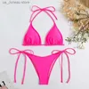 Women's Swimwear Sexy Women Thong Solid Color Bikini Set Side Halter Tie Swimsuit Ladies Split Strap Adjustable Brazilian Swimwear Beachwear T240330