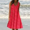 Summer Womens Round Neck Sleeveless Printed Vest Dress Beach Loose