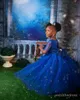 2024 Blue Flower Girl Dresses First Commonion Dress Juvel Kort ärmar Handgjorda blommor Tiered Tulle Princess Queen Födelsedagsfest klänning för söta små flickor F110