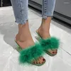 Zapatillas extrañas sandalias de plumas transparentes sexy tacones altos para mujeres Clear PVC Square Open Toe Fur Ladies Mulas Tobado 55