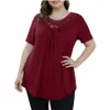 plus Szie Ladies Plus Size Top Solid Color Lace Stitching Round Neck Short Sleeves New Fi Simple Versatile Women'S Top C9hk#