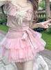 Юбки-шорты KIMOKOKM Sweetheart Girl Симпатичное бальное платье Юбка Kawaii Трапеции в стиле Лолиты Юбки Sweety Bandage Bow с оборками Газированная розовая мини-юбка 240330