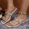 Sandalen Dames Zomer 2024 Strass Voor Dames Boog Hoge Hakken Vierkante Neus Open Sandaal Platte Schoenen Vrouw