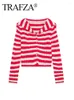 Kvinnors stickor Trafza 2024 Spring Y2K Stylish Red and White Stripes Cropped Navy Collar Sticked Cardigan Long Sleepes Mångsidig tröja
