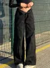 Женские джинсы 2024 Weekeep, черные мешковатые карманные лоскутные прямые брюки-карго с низкой посадкой в стиле Харадзюку, уличная одежда, джинсовые брюки, женская мода C