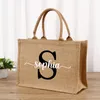 Anpassat namn Jute Shop Bag Kvinnor Handväska med handtag Vattentät stor kapacitet Sundries förvaringspåse Persaliserade presentpåsar Q9JF#