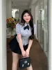 Frauen Plus Größe 4XL JK Uniform Set Zweiteilige Tägliche Mädchen Kurze Puffärmel Hemden Sommer Sammeln Taille Dünne Bluse schwarz Rock a9A5 #