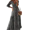 Europese en Amerikaanse Boheemse stijl 34 Mouw lange jurk hoge taille vneck bedrukte gefragmenteerde bloem voor vrouwen 240327