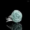 Cluster Rings S925 Silver ingelegd Natuurlijk A Goods Jade Blue Water Rose Ring Jadeite Fashion Women's Sieraden Verstelbare druppel