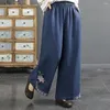レディースパンツ女性ワイドレグチャイニーズスタイルのワイドレッグズボン弾性ウエストレトロルーズフィットデザインのためのポケット付き