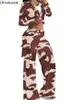 Pantaloni a due pezzi da donna Olivekwok Camouflage Safari Set Camicia a maniche lunghe con bottoni e gamba larga cargo 2024 2 set Tuta da ginnastica