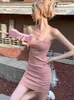カジュアルドレスフランスの夏の女性ピンクエレガントなバックレススリップミニドレスホリデークラブセクシーなスリーベルヒップラップサスペンダー短いシンプルさ