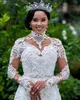 2024 Luksusowa sukienka ślubna z syreną wysokiej szyi koronkowe kryształowe perełki koraliki ślubne sukienki Sheer Neck African Wedding Soles Vestidos de Noiva 2024